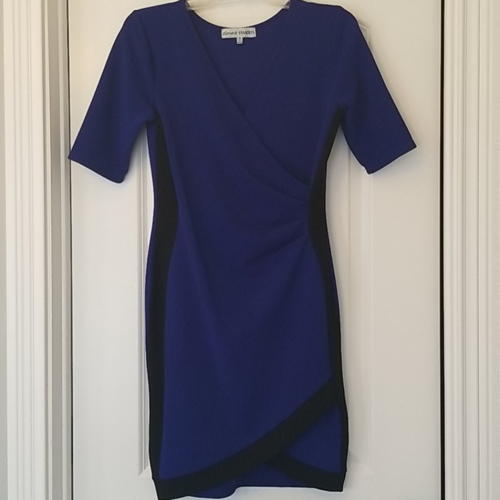 Cobalt blue and black colorblock wrap dress